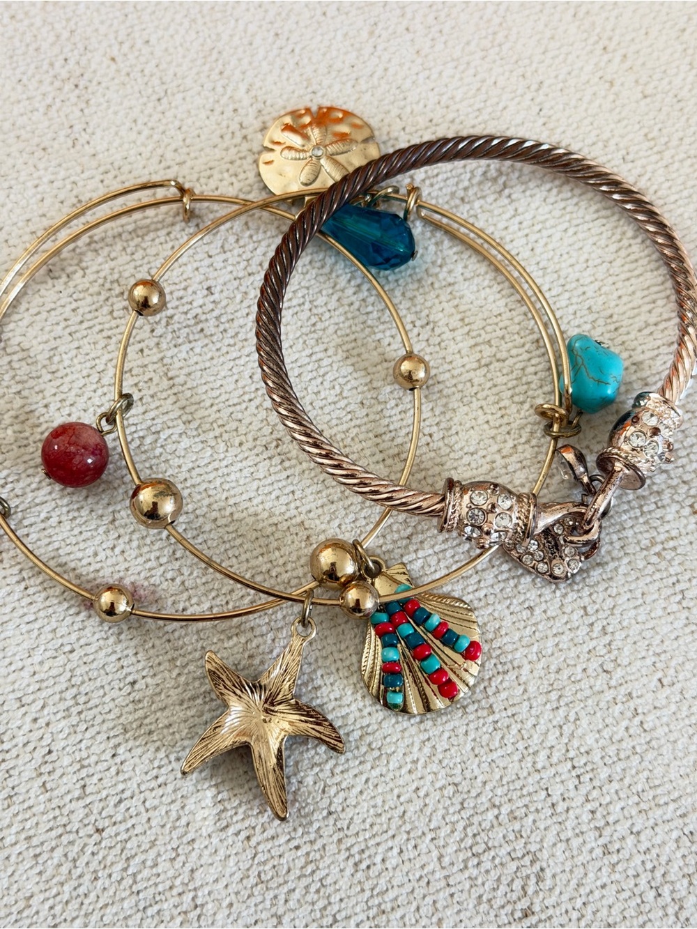 Gold-Tone Coastal Charm Bracelet Set with Turquoise and Red Accents